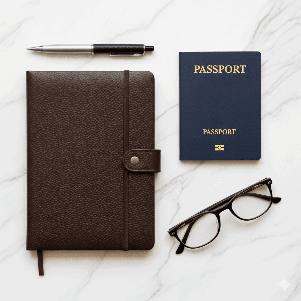 A professional flat lay of travel essentials, including a passport and a luxury pen, representing the organized, delegated life of a successful professional.